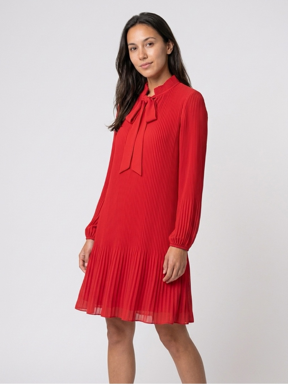 DKNY Bright Red Long-Sleeve Pleated Tie-Neck Dress